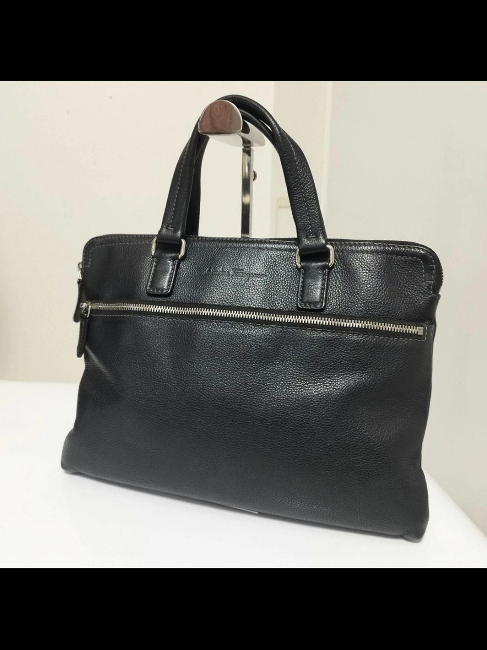 Salvatore Ferragamo Black Pebbled Leather Briefcase